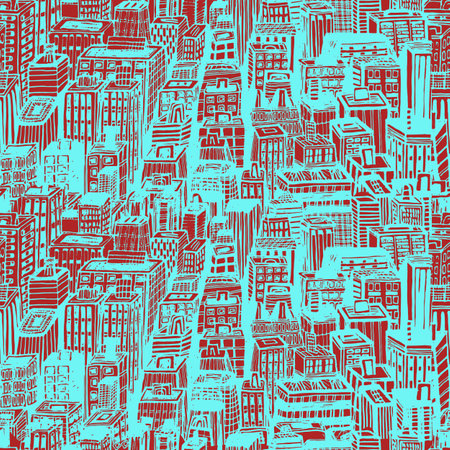 Hand drawn seamless pattern with big city New York. Vector vintage illustration with NYC architecture, skyscrapers, megapolis, buildings, downtown.のイラスト素材