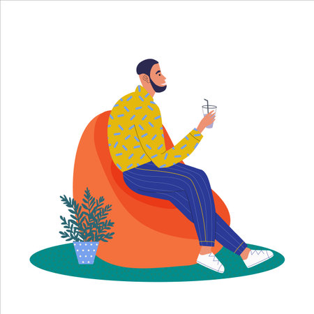 Men sitting in ball chair and resting and drinking fresh juice. Coworking open space. Business People Character. Cartoon flat vector illustration.のイラスト素材