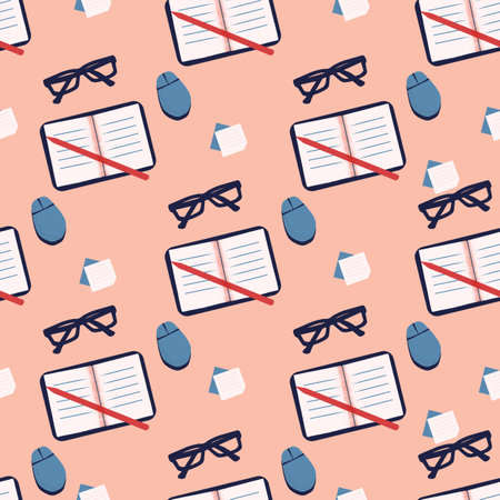 Seamless pattern Planning and organization concept. notebook on the table. Cartoon Flat Vector...