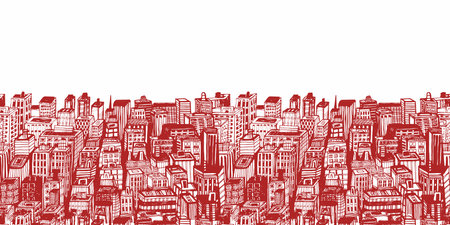 Horizontal banners of big city with skyscrapers. Hand drawn Vintage illustration with New York city NYC, cityscape with panoramic view of architecture, skyscrapers, megapolis, buildings, downtown.のイラスト素材