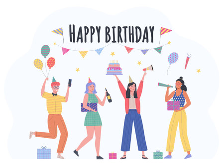 Happy Birthday Party. Happy cartoon people having fun. Man with balloons and women with big cake and champagne, gift boxes and confetti isolated on white. Vector flat cartoon illustrationのイラスト素材