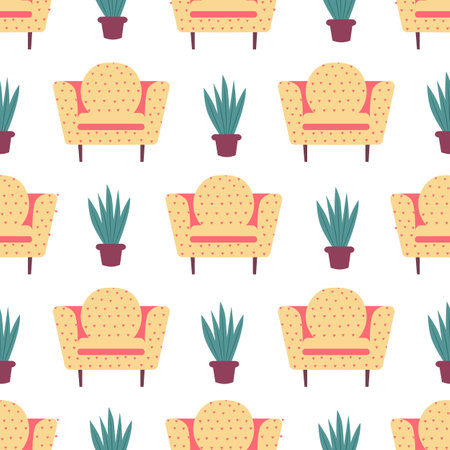 Seamless pattern with stylish armchairs and sofas. Scandinavian furniture vector background. Trendy pattern for textile, postcard, packaging, print cover.のイラスト素材