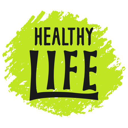 Healthy Life lettering logo, hand written label, calligraphy badge, organic emblem. Isolated logo templates on green background for markets, farmers, food and drinks.のイラスト素材