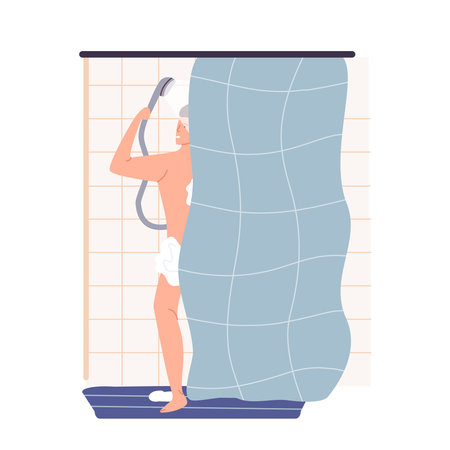 Man taking morning shower in bathroom. character washing herself. Idea of beauty and hygiene. Isolated vector illustration in cartoon styleのイラスト素材