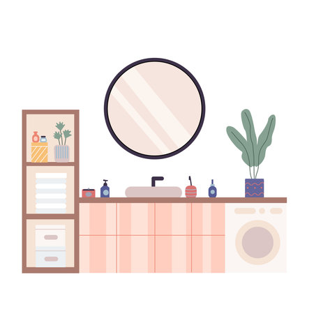 Washbasin with mirror and Bottles with cleansing and moisturizing cosmetics products on bathroomのイラスト素材