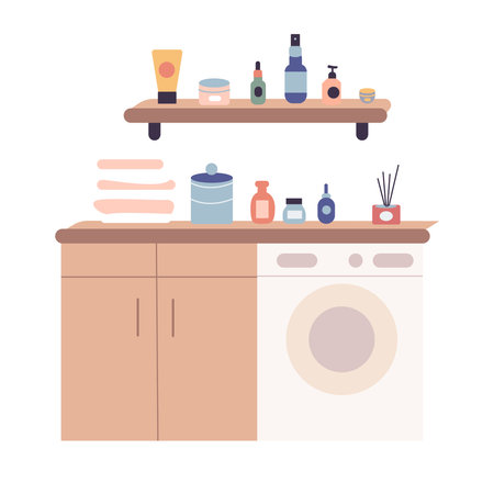 Bathroom scene with washing machine and shelves with towels and cosmetics and face and body skin care products. vector cartoon illustration.のイラスト素材