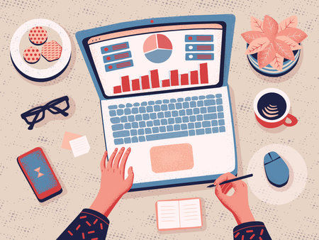 Freelancer working from home. Data Analysis. Top view Cartoon Flat Vector illustration. Remote work and self employed. Female hands typing on the laptop.のイラスト素材