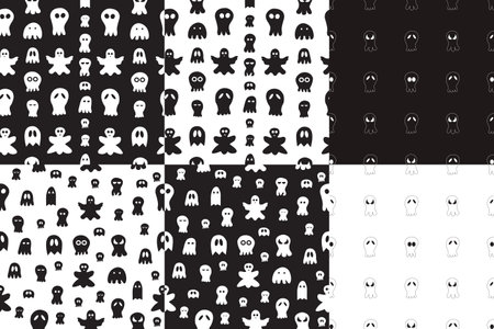 Set of 4 Seamless pattern with ghosts. halloween hand drawn background.のイラスト素材