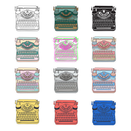 Hand drawn typewriter line drawing black and white sketch. Vintage vector retro illustrations, inspire writers, screenwriters, copywriters and other creative peopleのイラスト素材