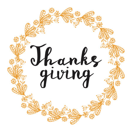 Vintage Thanksgiving Sign Hand Lettering Vector Give Thanks typography and calligraphy with leaves and wreathのイラスト素材