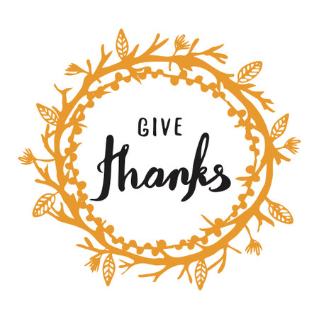 Vintage Thanksgiving Sign Hand Lettering Vector Give Thanks typography and calligraphy with leaves and wreathのイラスト素材