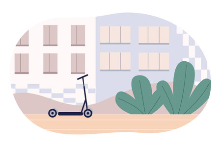 The concept of outdoor activities. An electric scooter stands on the street. The background with the location of the city street. Flat cartoon vector illustration.のイラスト素材