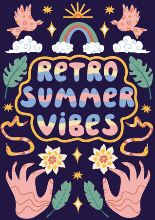 Retro Summer Poster. Summer party design template vector illustration.のイラスト素材