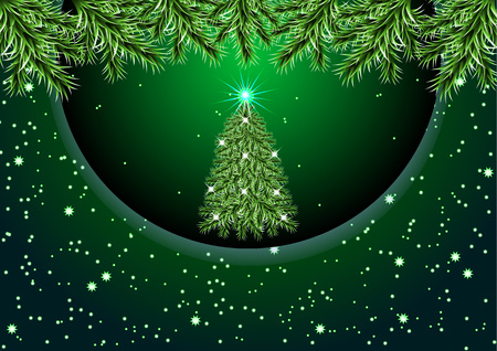 Christmas tree with lights on a dark background, brilliant light. Night Christmas sky, bright stars, snow. Vector illustration.のイラスト素材