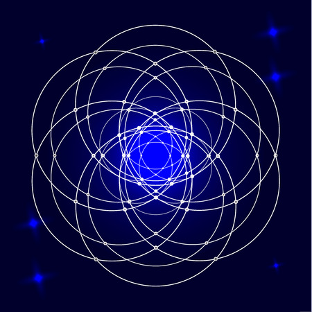 Round white mandala pattern on a dark background. Artistic ornament, spiritual symbol. Inner light, sparks. Vector graphics.のイラスト素材