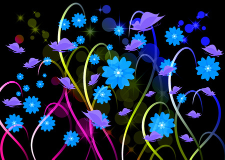 Bright floral ornament with butterflies on a dark background .Vector illustration.のイラスト素材