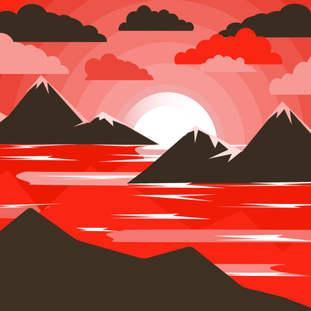 Abstract image of sunset, dawn sun and river in the mountains. Creative design in bright colors. Vector illustration.のイラスト素材