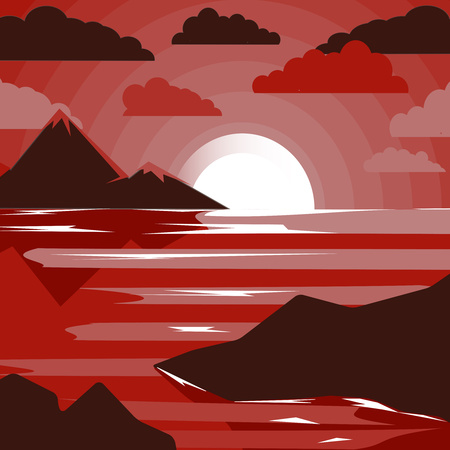 Abstract image of sunset, dawn sun and river in the mountains. Creative design in bright colors. Vector illustration.のイラスト素材