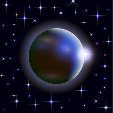 Abstract universe with planets and bright stars. Effects of halo light on a dark background, flashes...