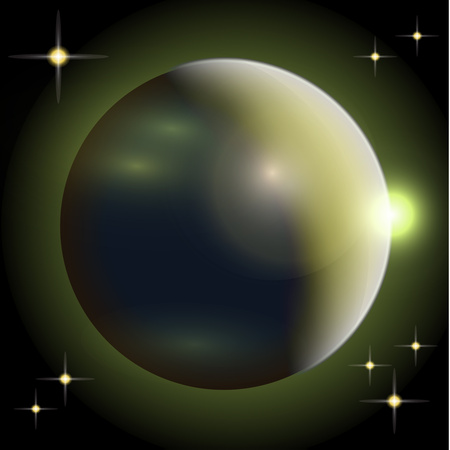 Abstract universe with planets and bright stars. Effects of halo light on a dark background, flashes...