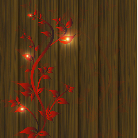 Wood texture background with red leaves. Vector illustration.のイラスト素材