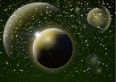 Deep space background. Universe with planets and bright stars. Effects of halo light on a dark background, flashes of light. Vector illustration.のイラスト素材