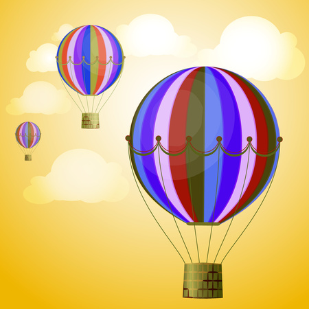 Large colored balloons soar against the bright sky and clouds. Vector illustration for your design.のイラスト素材