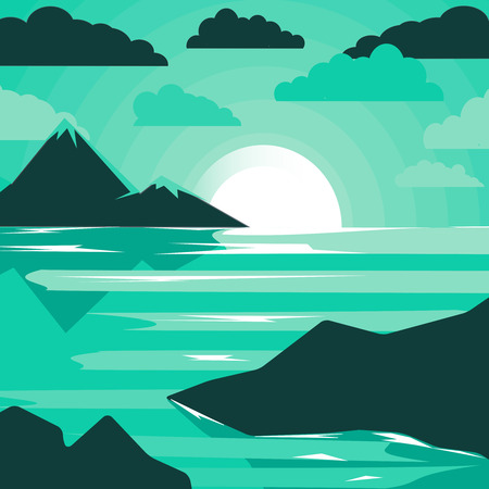 Abstract image of sunset, dawn sun and river in the mountains. Creative design in bright colors. Vector illustration.のイラスト素材