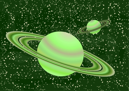 Saturn-like planets with an asteroid belt. Starry colorful space background for your design. Fantasy, cartoon. Vector illustration.のイラスト素材