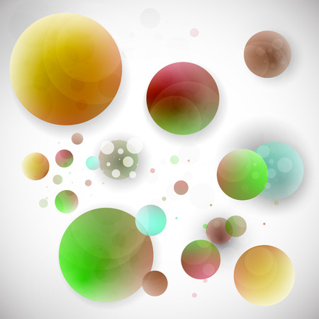 Multicolored, voluminous, bright, variegated balls and circles on a gray background. Modern abstract background for your design. Vector graphics.のイラスト素材