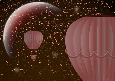 Large balloon on a dark night cosmic background with planets and bright stars. Fantasy. Vector illustrationのイラスト素材