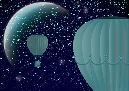 Large balloon on a dark night cosmic background with planets and bright stars. Fantasy. Vector illustrationのイラスト素材