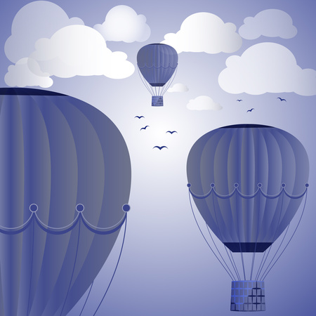 Large colored balloons soar against the evening sky, clouds and birds. Vector illustration for your design.のイラスト素材
