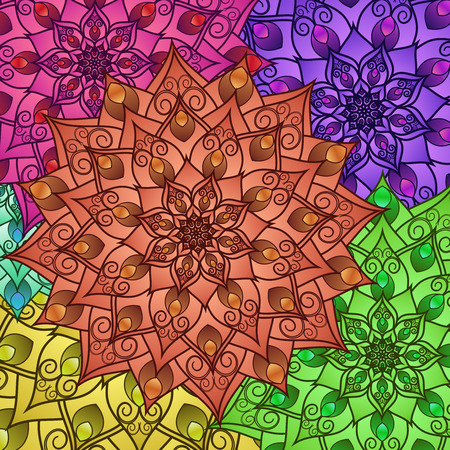 Floral geometric pattern of drawing mandala. Bright decorative multicolored background for your design. For fabric, bandanas, pillowcases with a print. Vector graphicsのイラスト素材