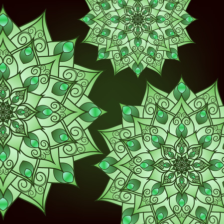 Flyer, postcard with mandala green floral patterns, oriental design. Layout template Islamic, Arab, Indian, Ottoman, Asian motifs. First and back pages. Easy to use and edit. Vector graphicsのイラスト素材