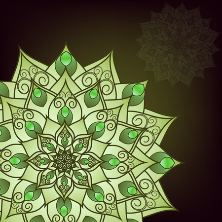 Flyer, postcard with mandala green floral patterns, oriental design. Layout template Islamic, Arab, Indian, Ottoman, Asian motifs. First and back pages. Easy to use and edit. Vector graphicsのイラスト素材