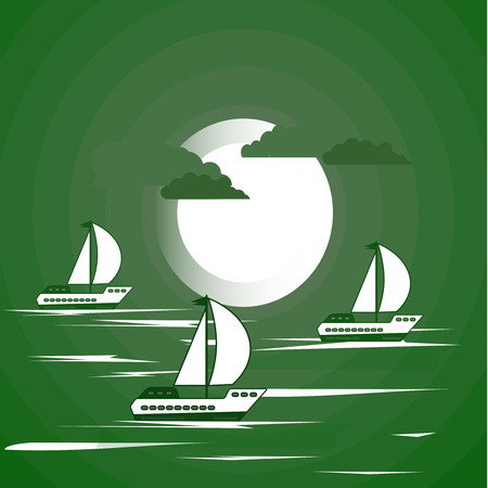 Creative landscape background of the sea or ocean, white boats (ships), waves, clouds. Minimalistic seascape. Vector illustration for your design.のイラスト素材