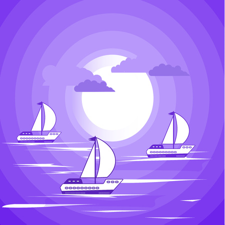 Creative landscape background of the sea or ocean, white boats (ships), waves, clouds. Minimalistic seascape. Vector illustration for your design.のイラスト素材