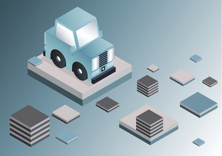 Bright cartoon gaming car in the style of flat. Cubes. Isometric game design. Vector graphics.のイラスト素材