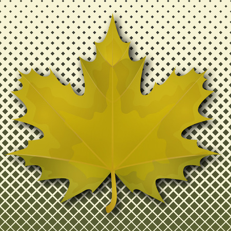 Bright autumn maple leaf on a background of small squares of halftones. Template for banner or advertisement for autumn seasonal discounts. Vector illustration for your design.のイラスト素材