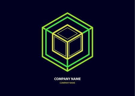 Abstract isometric linear logo, cubed cube. Futuristic company icon on dark background. Neon colors. Vector illustration for your design.のイラスト素材