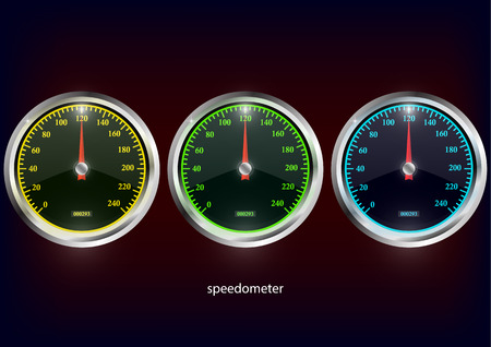 Speedometer. Round black caliber with chrome frame. Bright neon speed indicators. Vector 3d illustration for your design.のイラスト素材