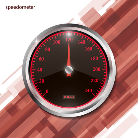 Speedometer on color abstract geometric background. Round black caliber with chrome frame. Bright neon speed indicators. Vector 3d illustration for your design.のイラスト素材
