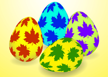 Bright colored Easter eggs on a yellow background. Spring holiday. Vector illustration for your design.のイラスト素材