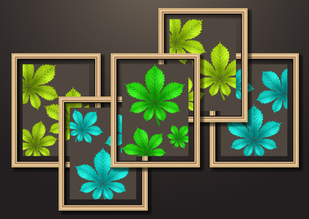 Set of hanging decorative frames for photos and images with shadow effects. Bright creative leaves of chestnut. Dark background. Design template for layout.のイラスト素材