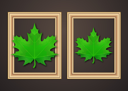 Set of hanging decorative frames for photos and images with shadow effects. Bright creative maple leaves. Dark background. Design template for layout.のイラスト素材