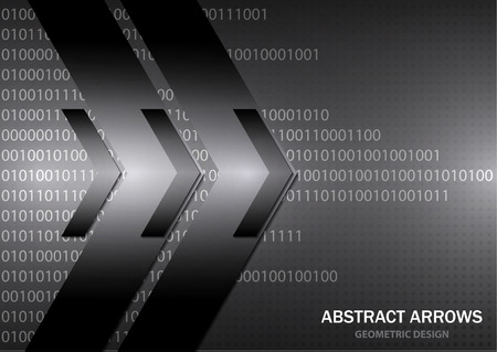 Abstract tech arrows on a gray-black gradient background. Geometric overlap. Space for text. Business template, corporate design. Vector illustration.のイラスト素材