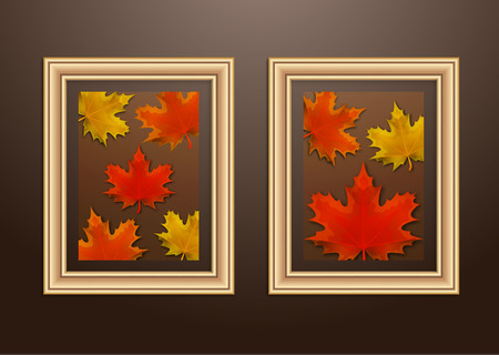 Set of hanging decorative frames for photos and images with shadow effects. Bright creative maple leaves. Dark background. Design template for layout.のイラスト素材