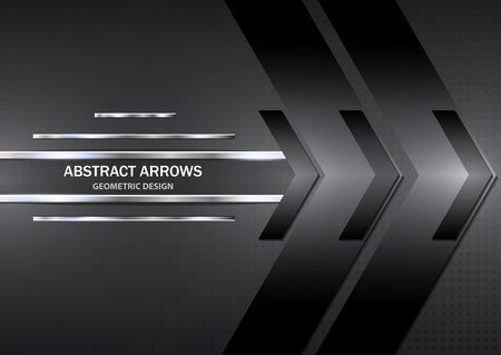 Abstract tech arrows on a gray-black gradient background. Geometric overlap. Space for text. Business template, corporate design. Vector illustration.のイラスト素材