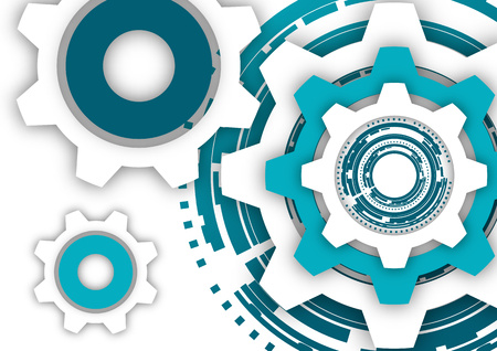 Vector illustration of gear wheels on white background. Abstract techno background: bright rotating gear. Mechanical engineering technology symbol. Industry development, engine operation, business solution conceptのイラスト素材